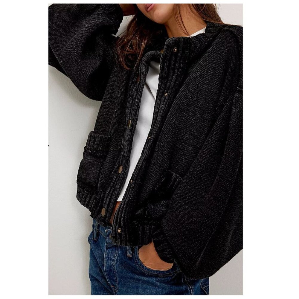 Free People Black Chunky Button-Up Knit Cardigan